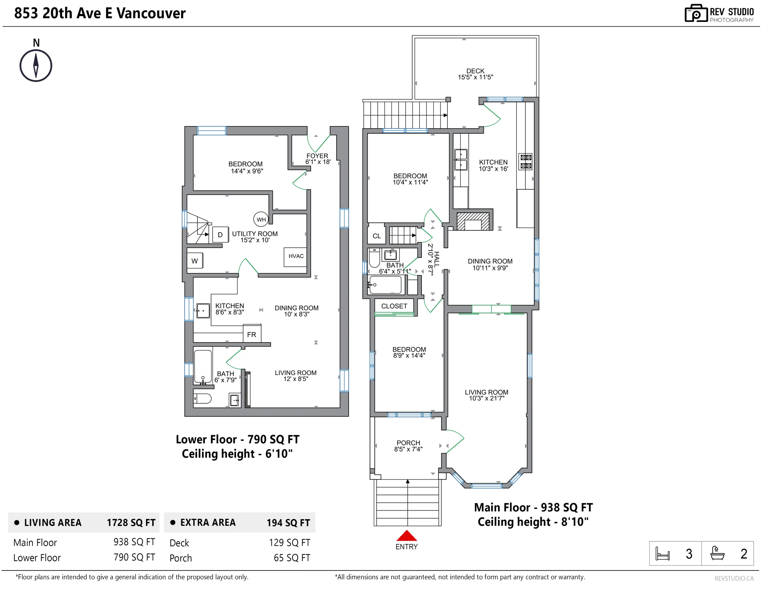 Floor plan of 853 East 20th Avenue: the main floor with the living room and its bay window, the dining room, the kitchen, two bedrooms, the bathroom, the porch and the deck; the lower floor with a living room, a dining room, a kitchen, a bedroom, a bathroom, the utility room and the foyer