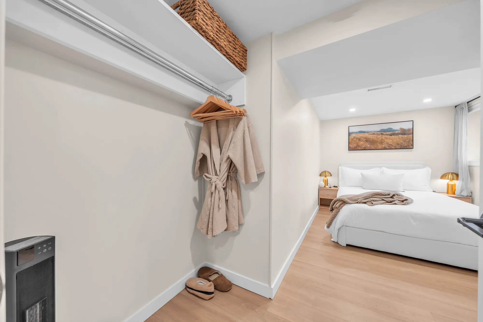 The lower bedroom seen past its open closet with a hanging rail